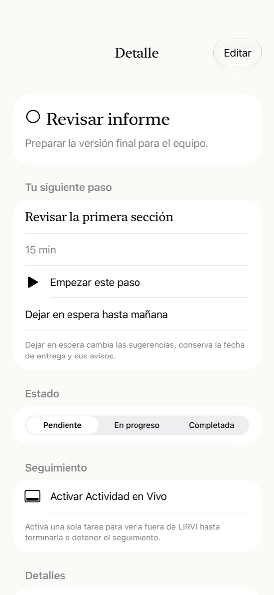 Pantalla real de LIRVI: Sácalo de tu cabeza.